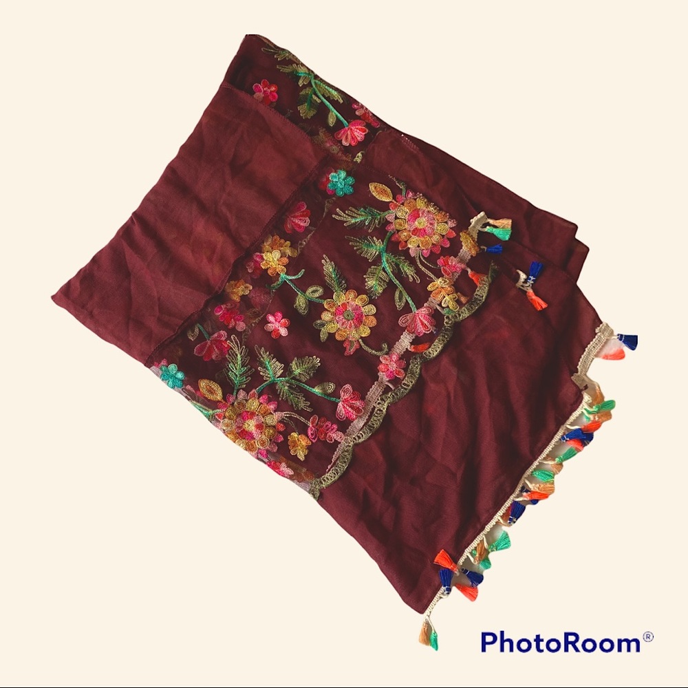 Hand embroidered burgundy mexican pashmina